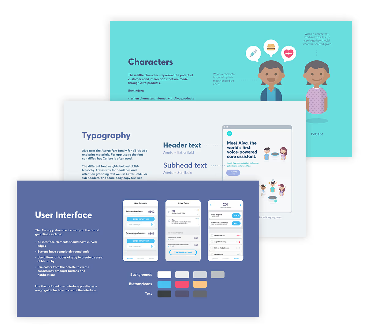 Three pages of the Aiva brand guidelines: Characters, Typography and User Interface