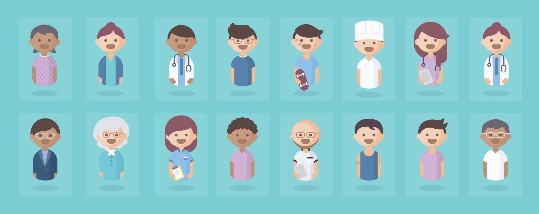 Sixteen Aiva character illustrations: patients, nurses, doctors, a chef and care staff
