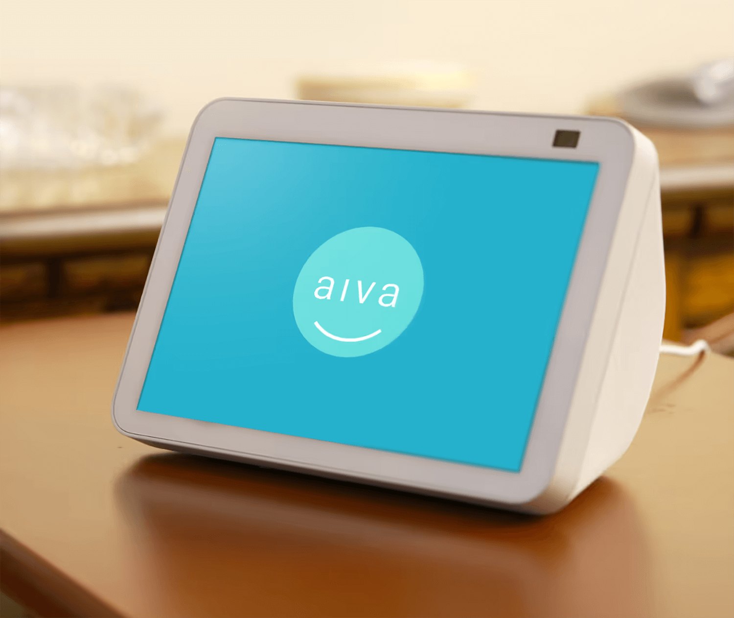 Aiva assistant on a bedside smart display, showing the smiling Aiva logo
