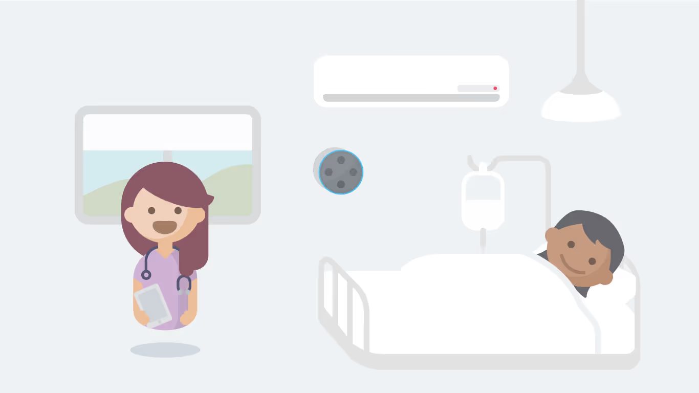 Aiva illustration of a nurse with a tablet beside a patient in a hospital bed, with the Aiva device on the wall