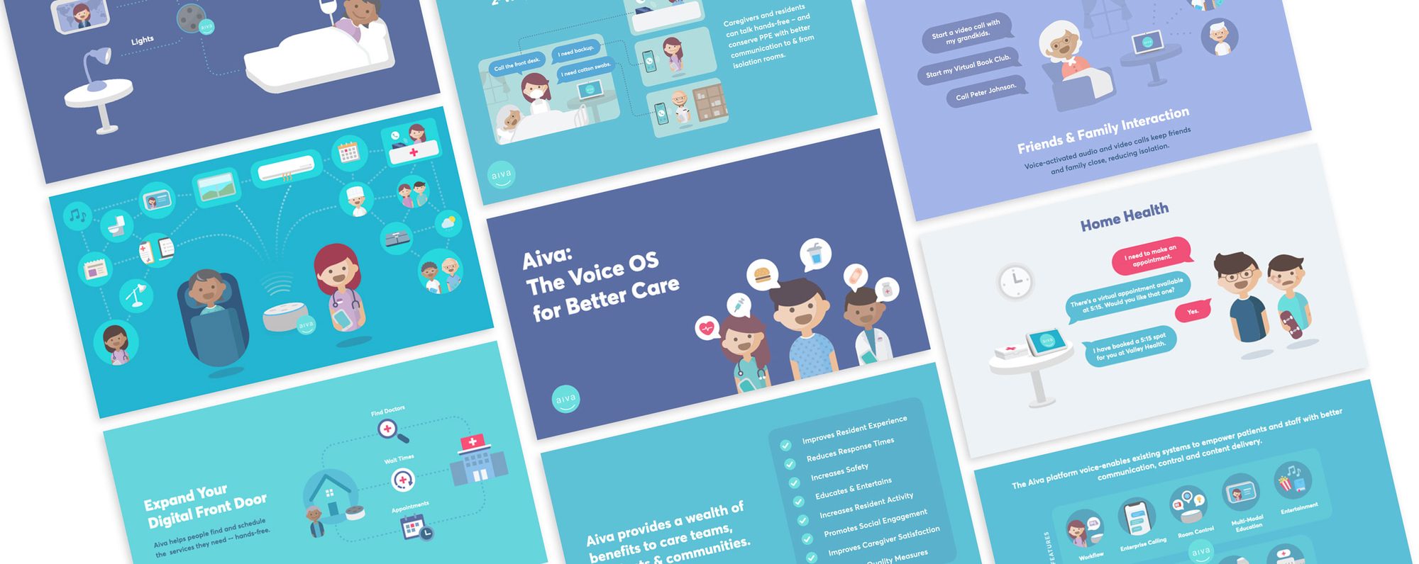 Aiva presentation slides with the brand's character illustrations