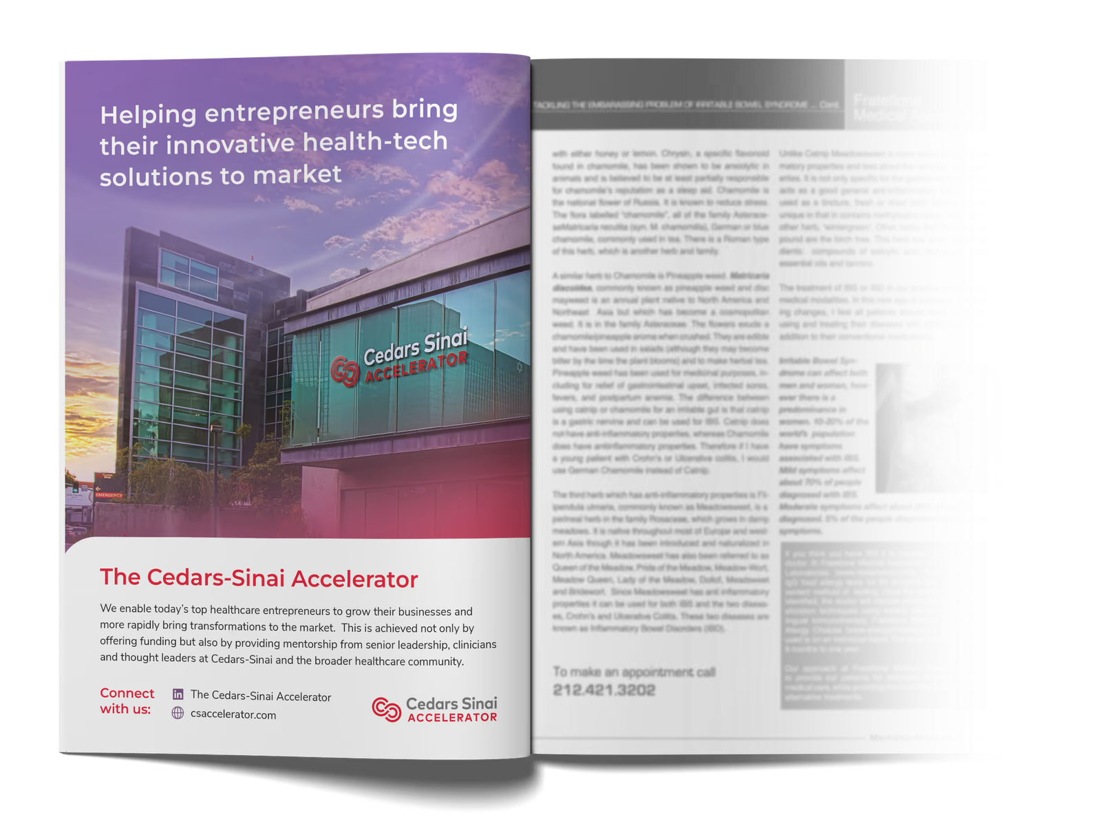 Open magazine with a full-page Cedars-Sinai Accelerator ad: Helping entrepreneurs bring their innovative health-tech solutions to market