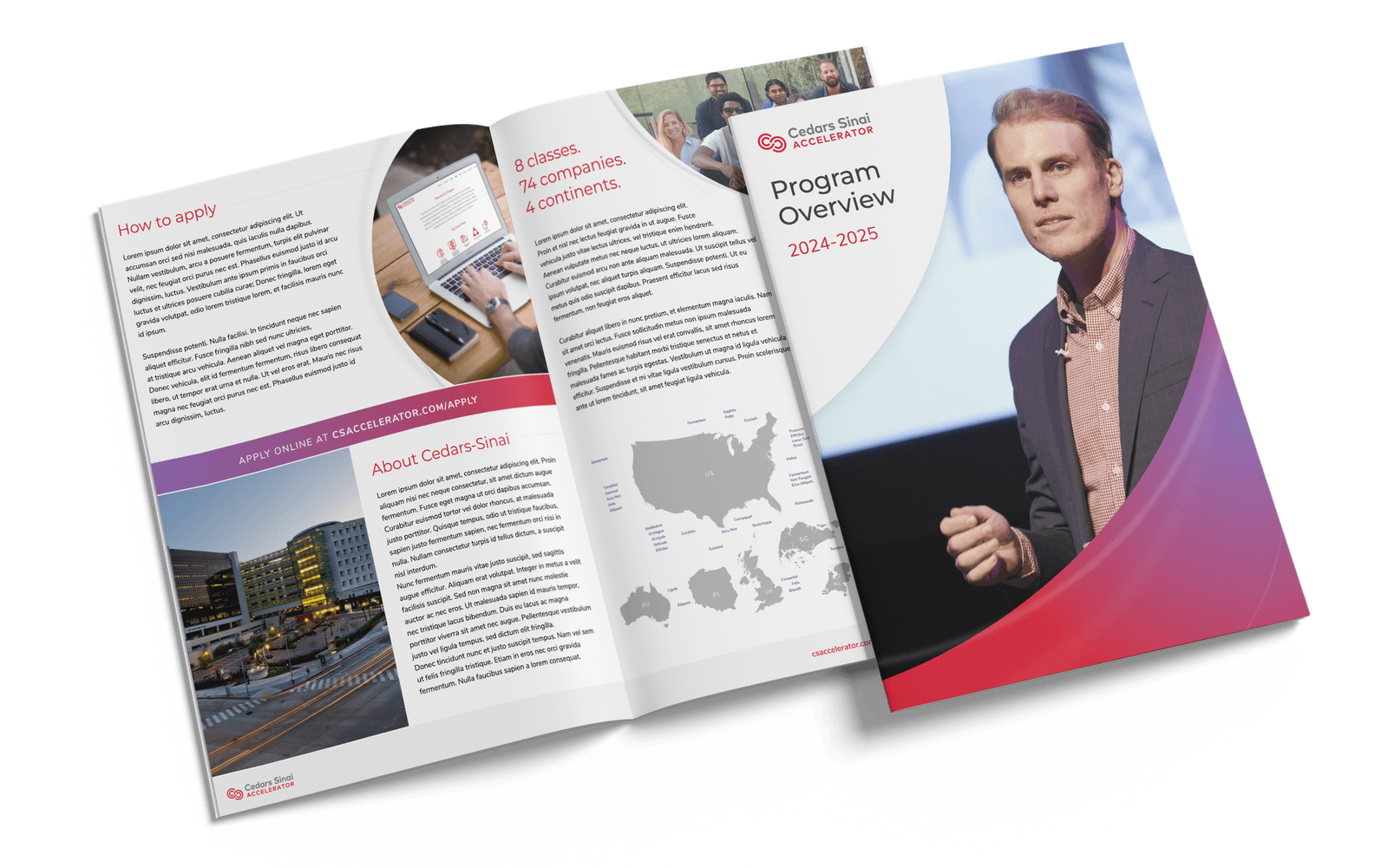 Cedars-Sinai Accelerator Program Overview 2024–2025 booklet, open to How to apply and About Cedars-Sinai pages
