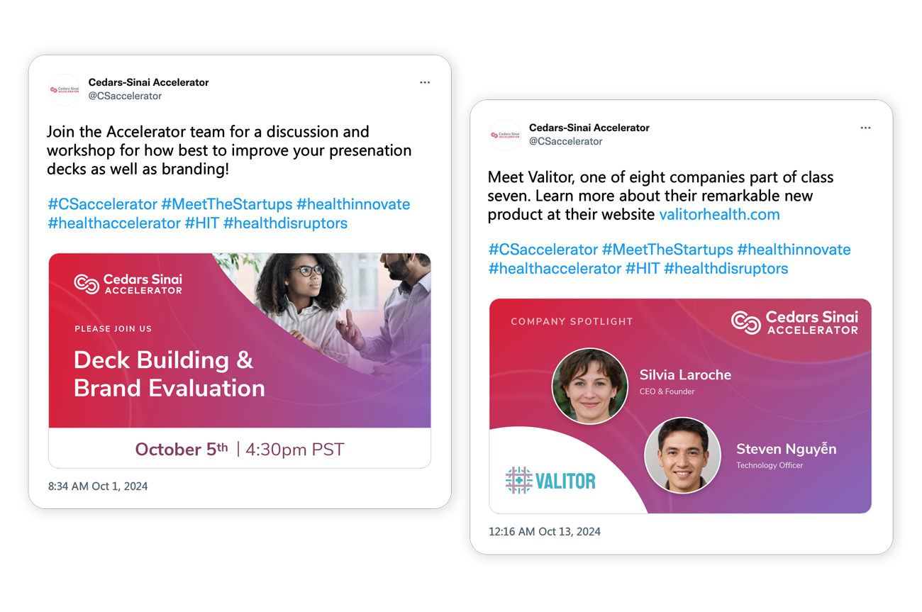 Two Cedars-Sinai Accelerator social posts: a Deck Building and Brand Evaluation workshop invite and a Company Spotlight on Valitor