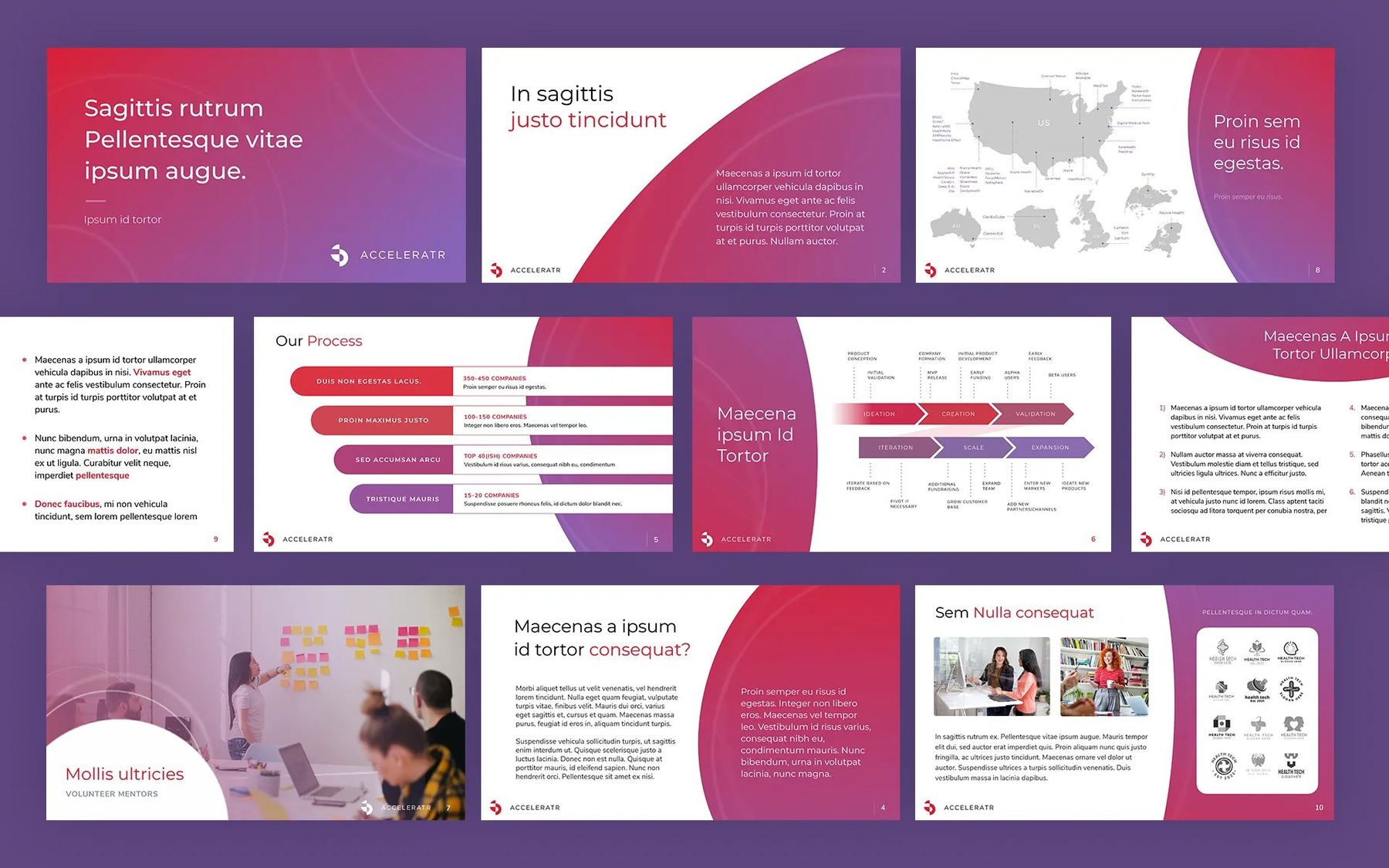 Accelerator pitch template slides in magenta and violet: title, process, map and mentor slides