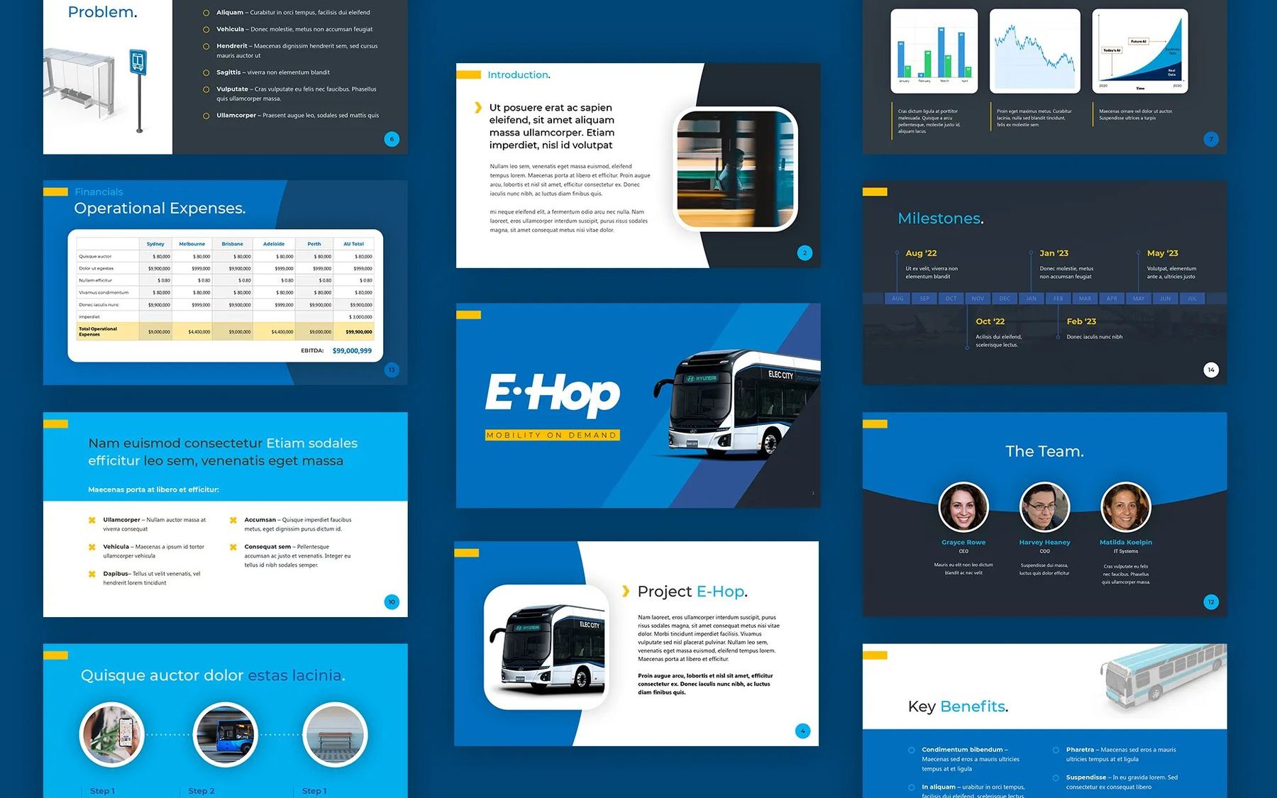 E-Hop “Mobility on demand” pitch deck slides in blue and yellow, with electric bus imagery, team and milestones