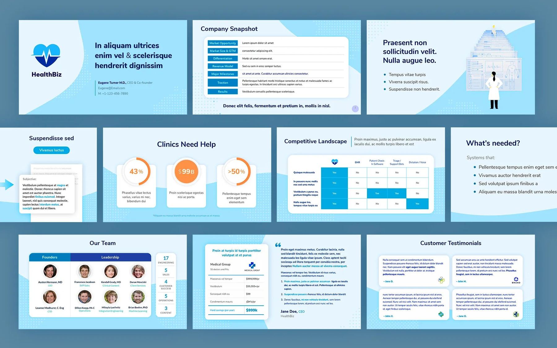 HealthBiz investor deck in light blue: company snapshot, market stats, competitive landscape, team and testimonials