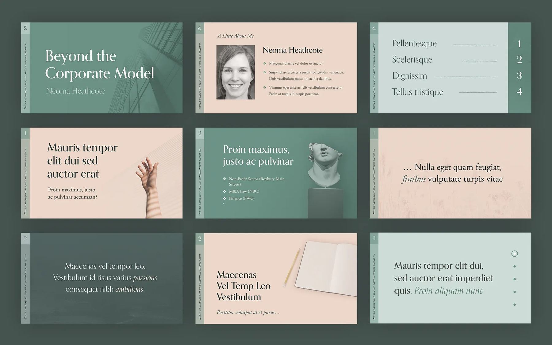 “Beyond the Corporate Model” speaker deck in sage green and blush, with serif type and a classical bust
