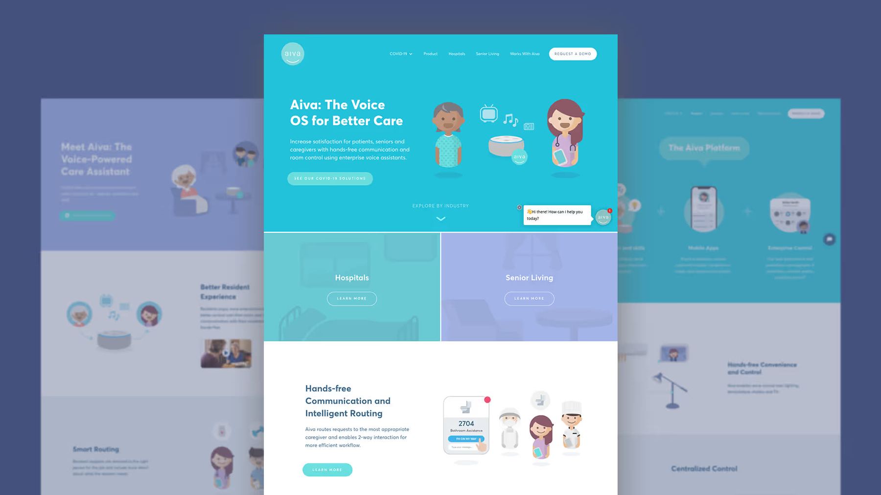 Aiva website pages: The Voice OS for Better Care, with hospital and senior living sections