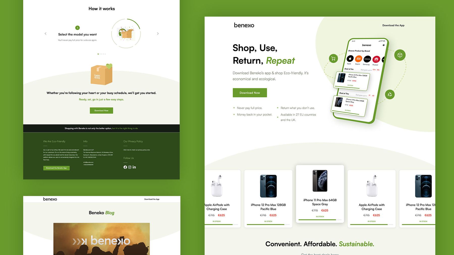 Beneko website pages in green and white: Shop, Use, Return, Repeat hero with the app, product deals, How it works and the Beneko blog