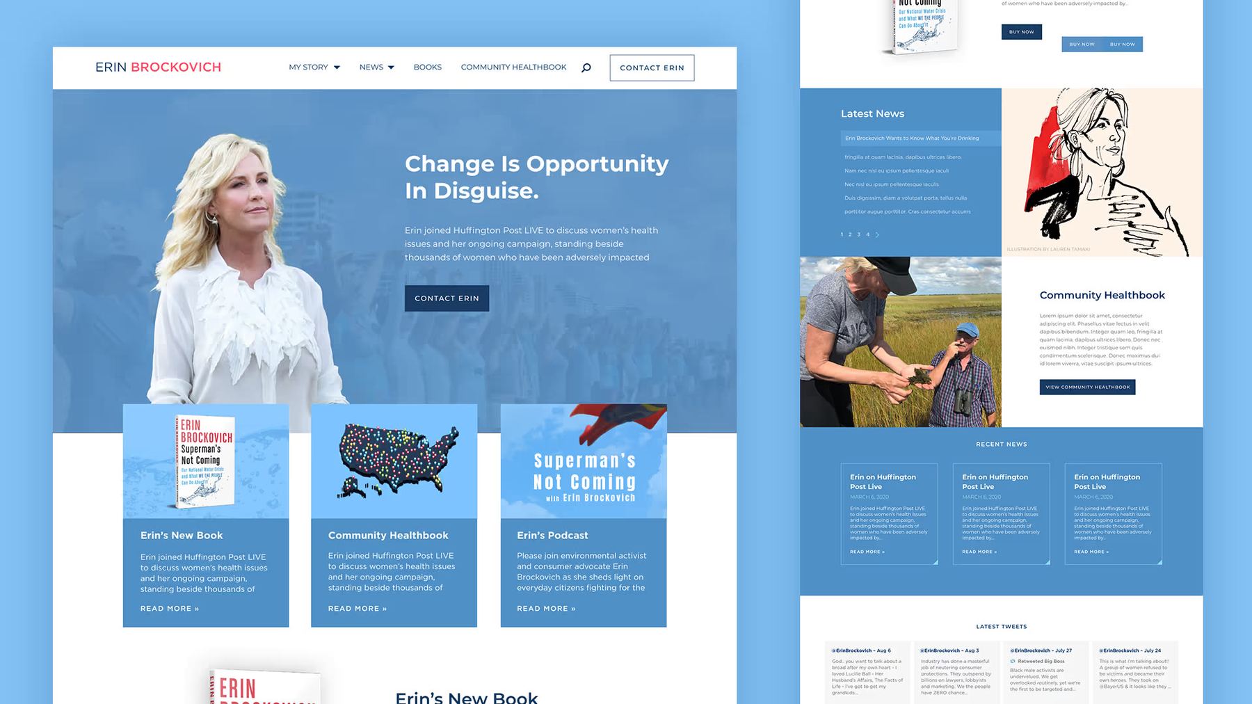 Erin Brockovich website: Change Is Opportunity in Disguise, with book, healthbook and news sections