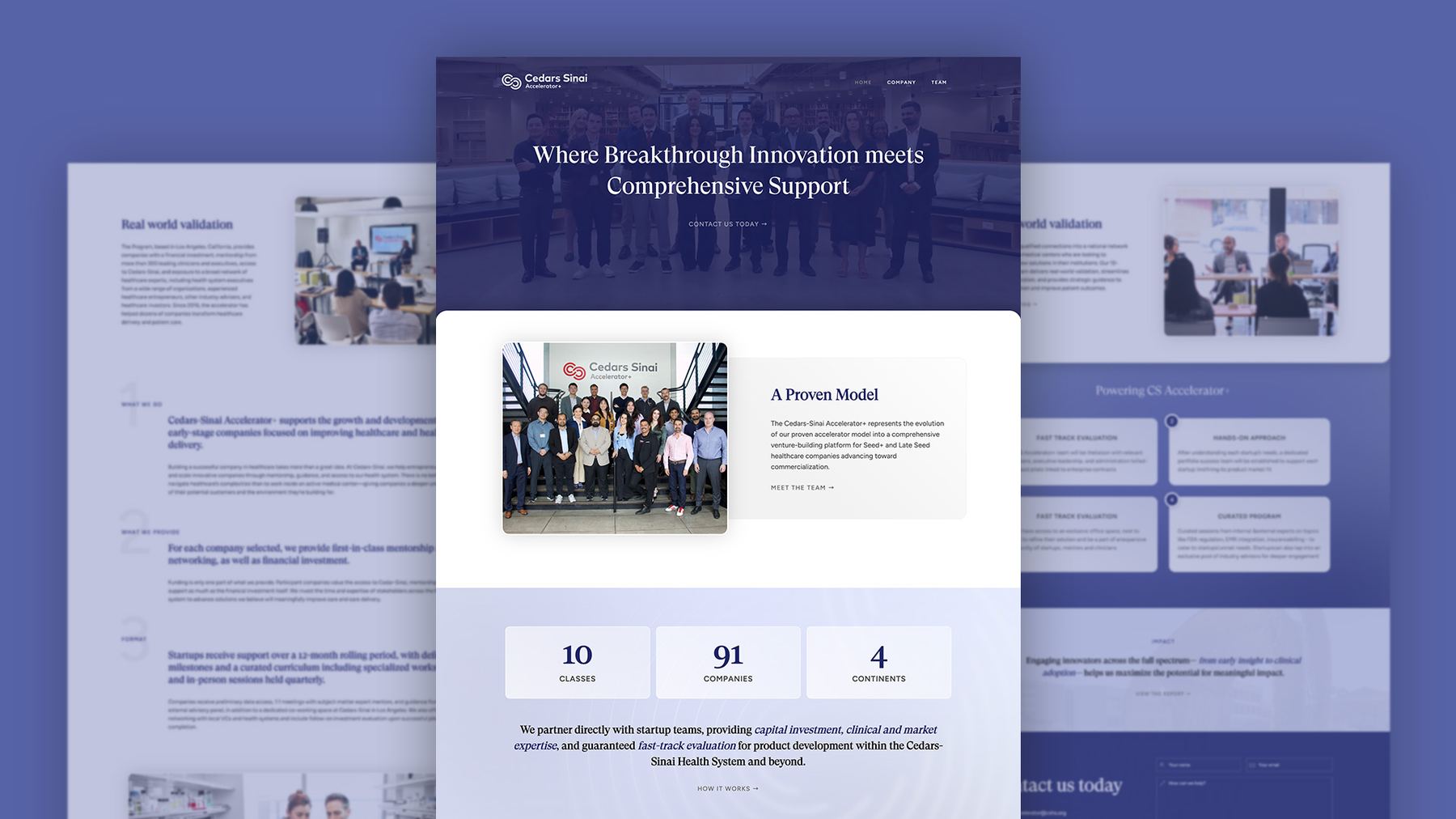 Cedars-Sinai Accelerator+ website: Where Breakthrough Innovation meets Comprehensive Support, with A Proven Model section and stats for classes, companies and continents