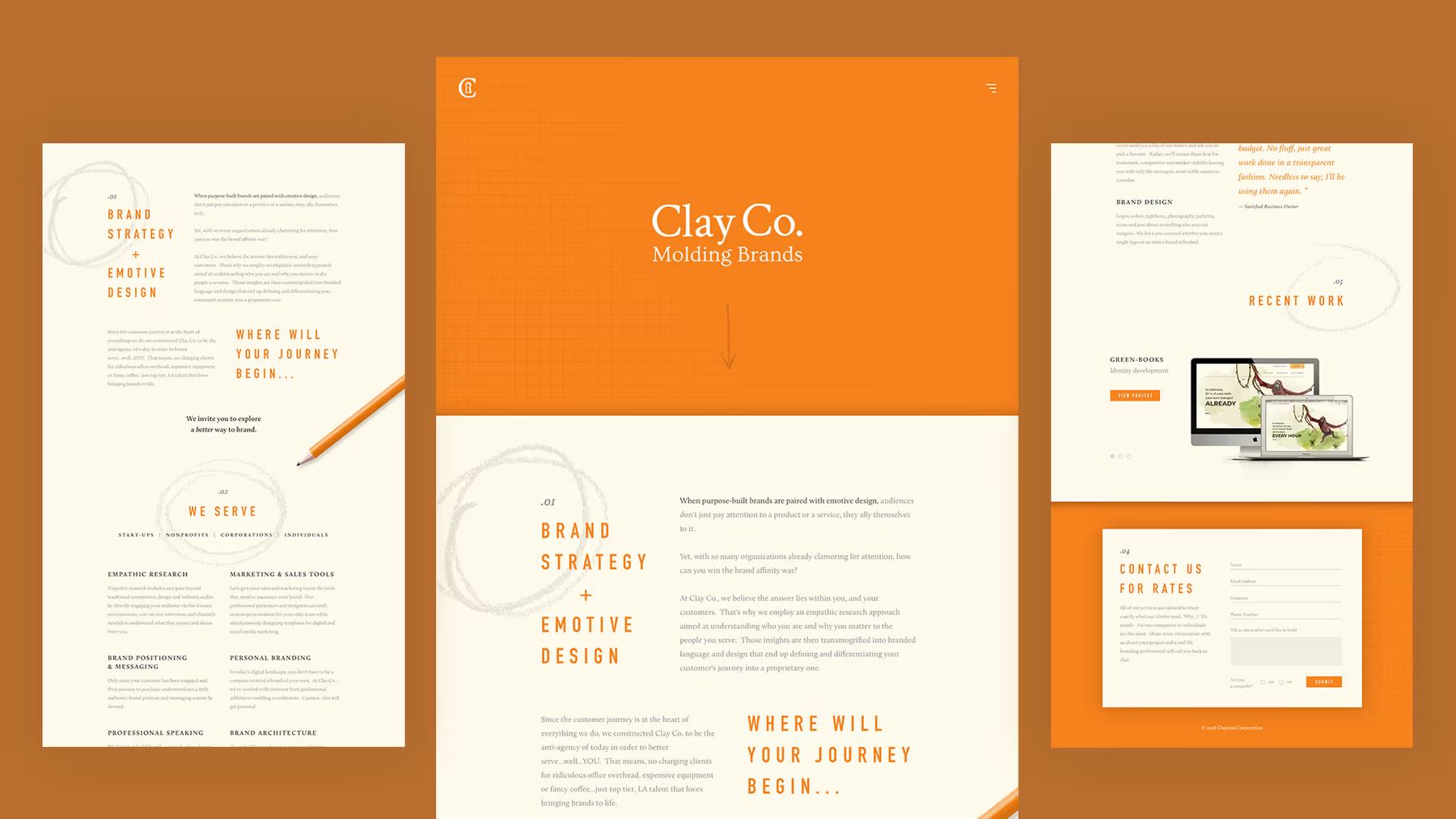 Clay Co. Molding Brands website pages in cream and orange with hand-drawn notes