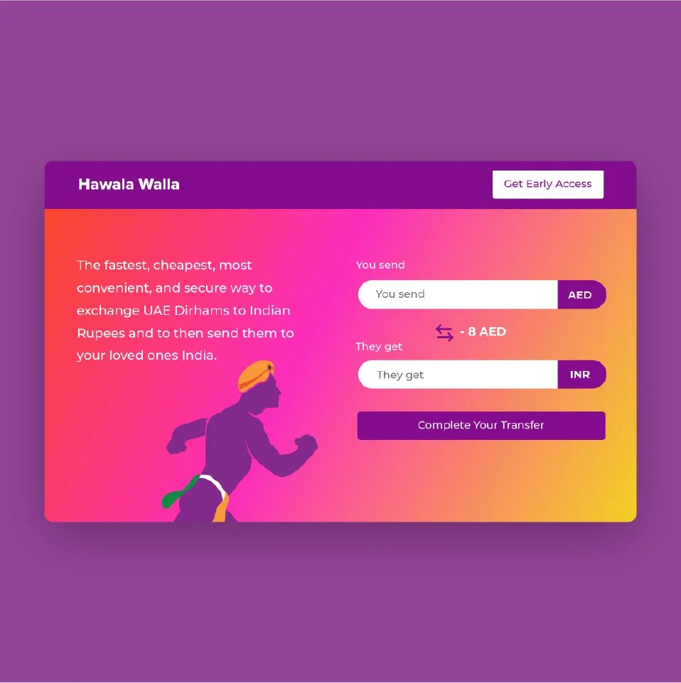 Hawala Walla landing page: send UAE Dirhams to India, with a currency converter