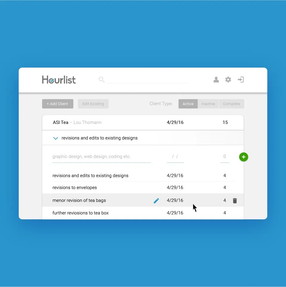 Hourlist time-tracking web app: client list with tasks, dates and hours