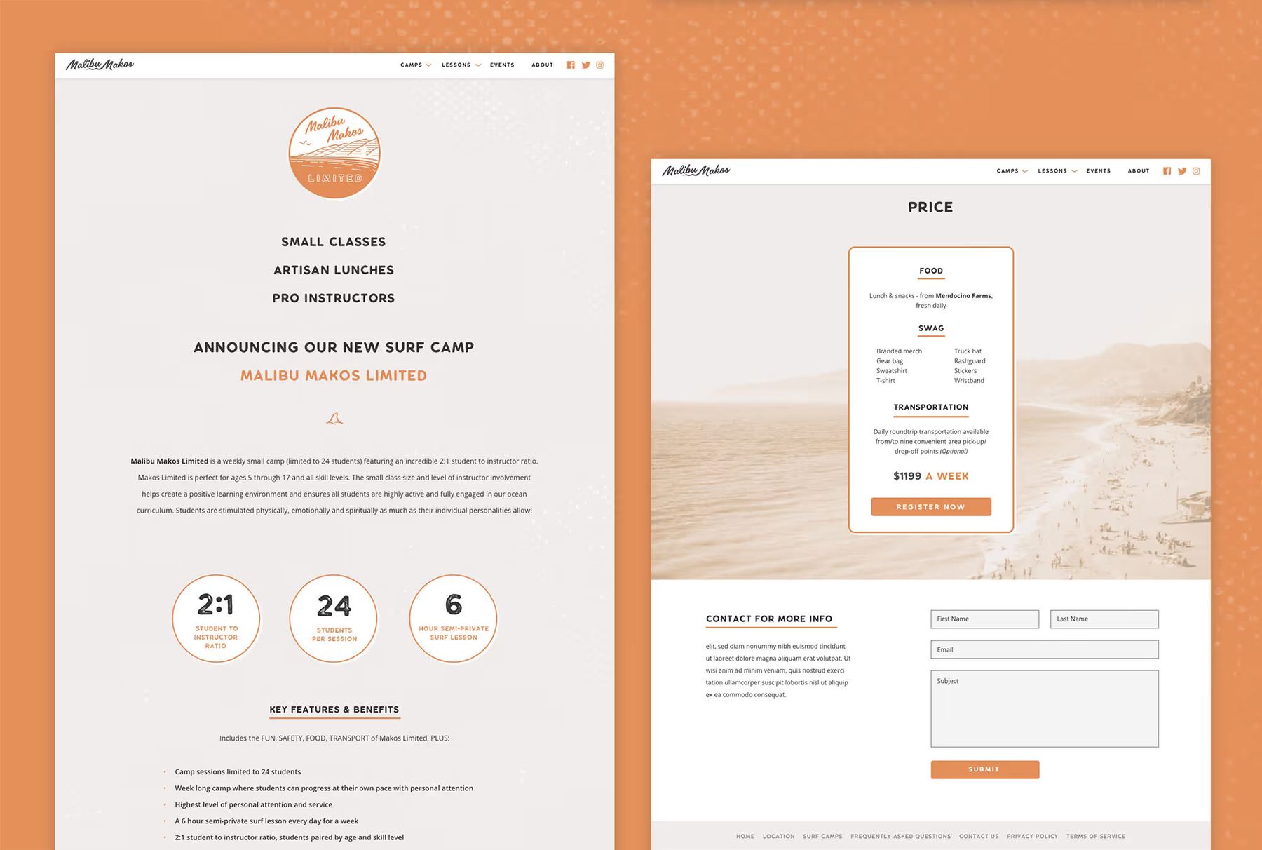 Malibu Makos Limited website mock: new surf camp announcement and pricing page