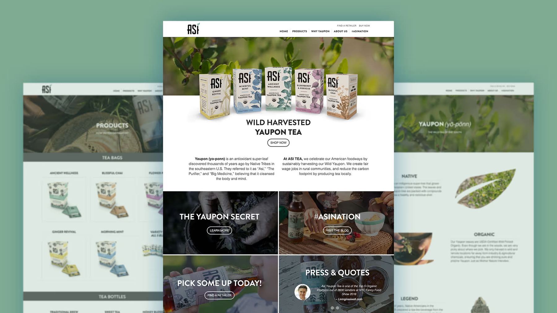 ASI tea website pages: Wild Harvested Yaupon Tea, products and press