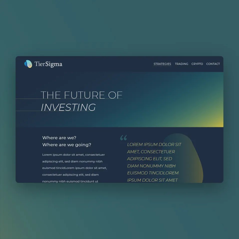 Tier Sigma website: The future of investing, in navy with a teal-to-gold gradient